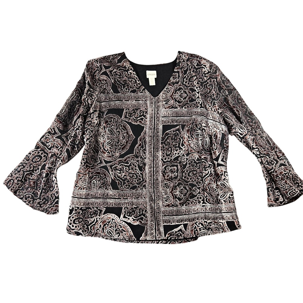 Chicos Burnout Velvet Paisley Bell Sleeve Whimsigoth Flowy Fairy Blouse Sz 1/M